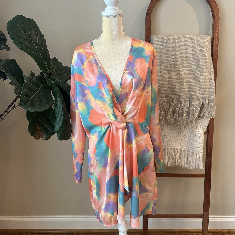 Pretty Little Thing Woman's Dress Size 14 Multicolor ‎ Satin Long Sleeve Wrap
